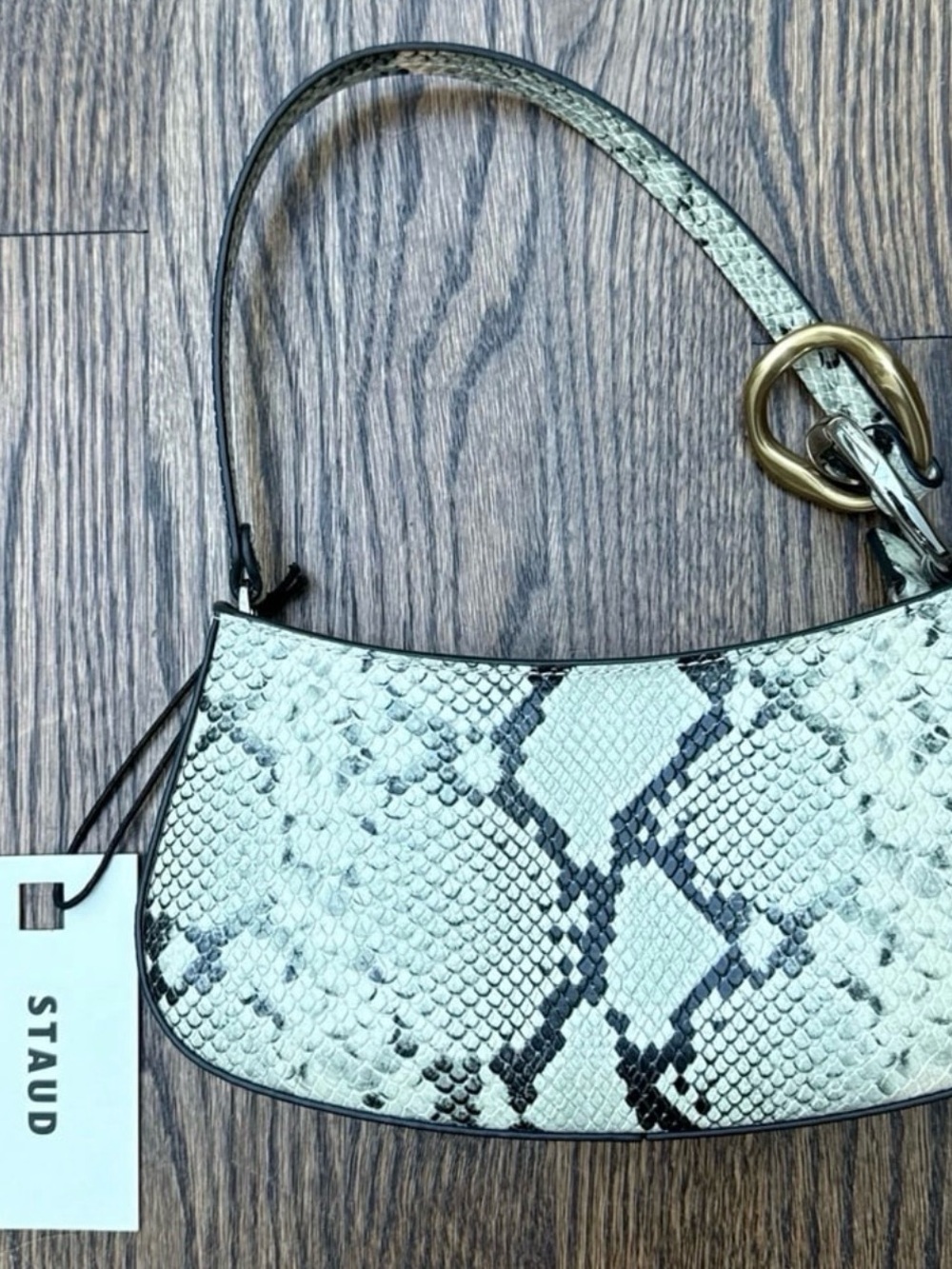 STAUD Snake-Print Shoulder Bag in Off-White and Black Ollie style